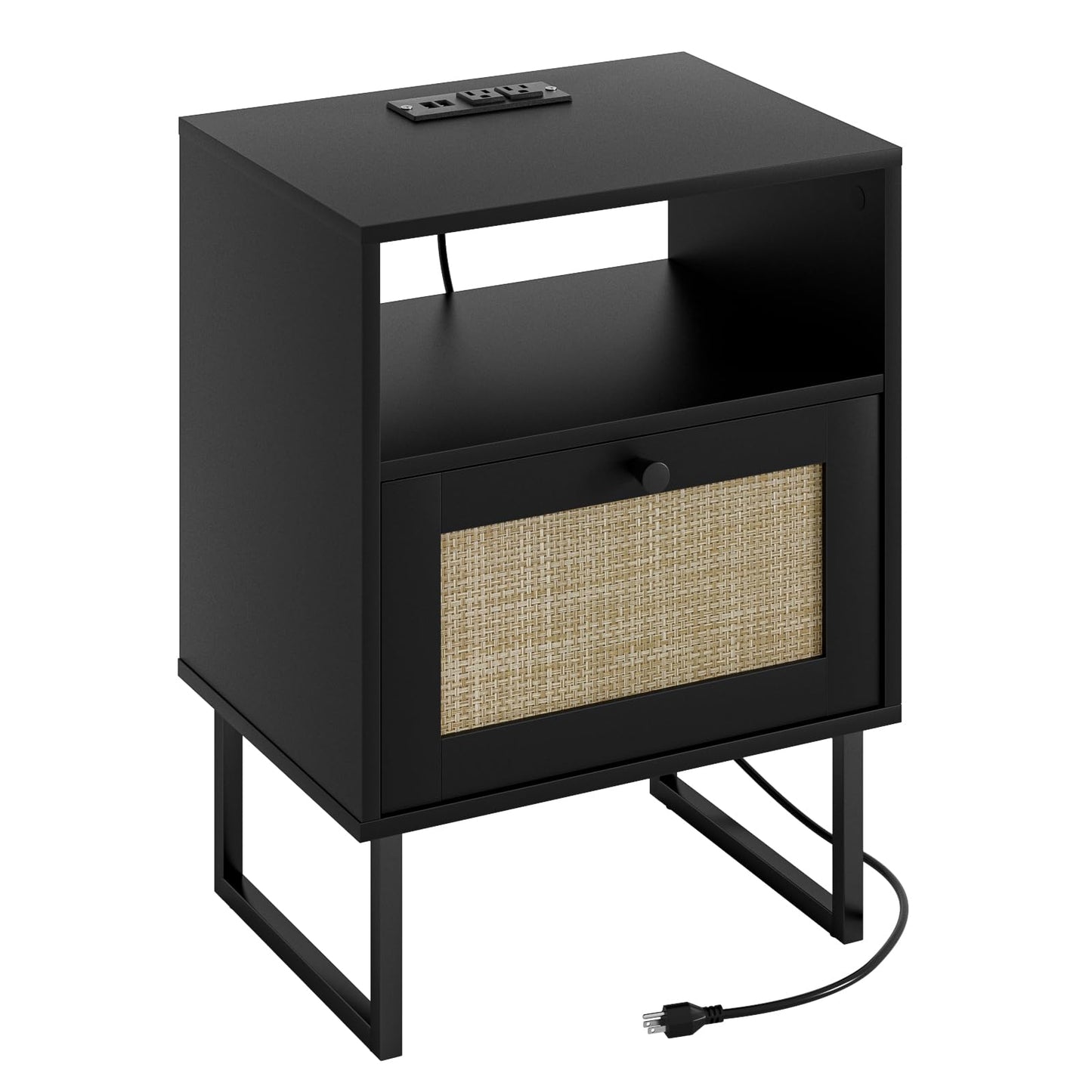Apetaccat Rattan Nightstand with Charging Station, Boho Night Stand Farmhouse Wood Bedside Table with Storage and Open Shelf, End Side Accent Table for Bedroom,Living Room,Black