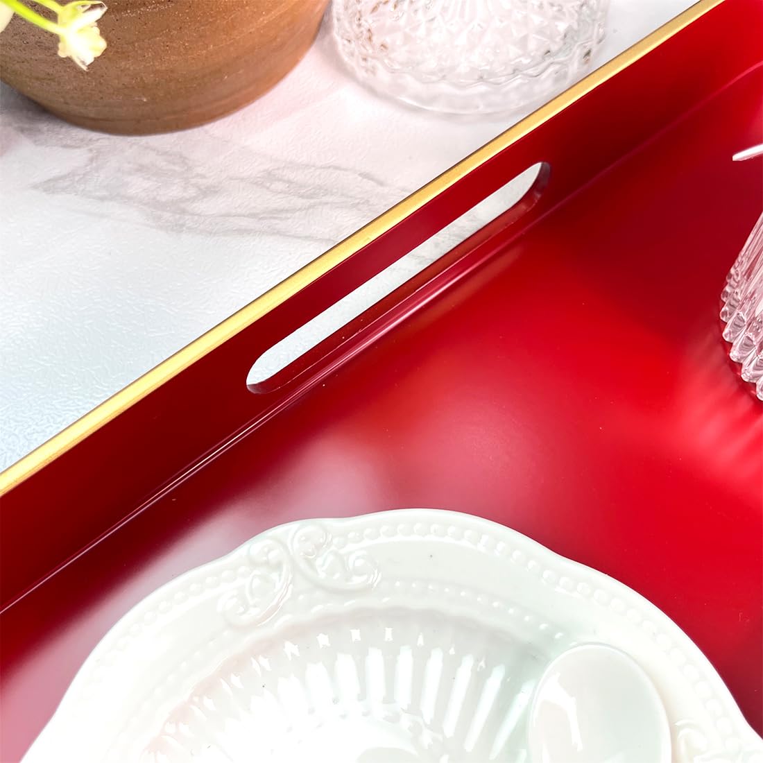 UOEKCS Large Red Tray, Elegant Plastic Coffee Table Tray for Ottoman, Home Decor, Living Room.16.7"*12"*1.6"