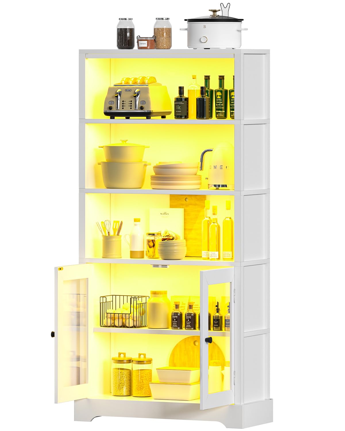 TVU 5-Tier Bookshelf, 65" Bookshelf with Multi-Color Ambient Lights (APP Remote Control), Tall Vertical Display Shelf with Cabinet Doors, Suitable for Living Room, Bedroom, Study, Office, White
