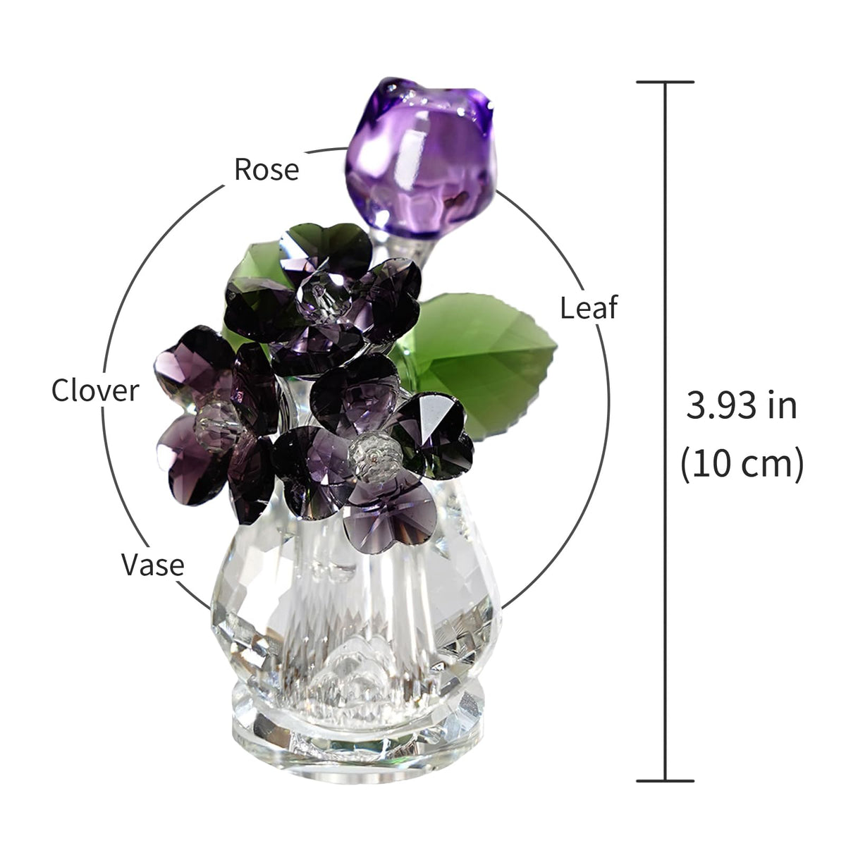 Decorative Crystal Glass Flower Sculpture - Rose & Clover Bouquet, Symbol of Love & Luck, Ornament for Home, Display Cabinet & Window Sill Decor, Gifts for Garden Enthusiasts (Purple)