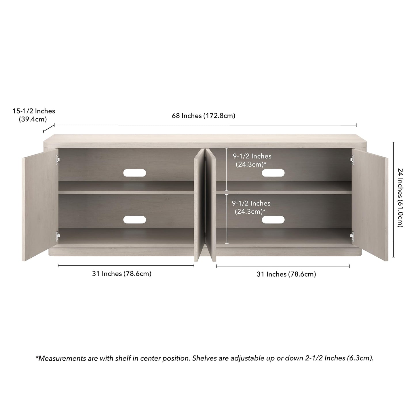 Henn&Hart TV Stand for TVs up to 75" with 2 Concealed Storage Cabinets, Adjustable Shelves and Plinth Base for Living Room, Family Room, or Office, Beech White