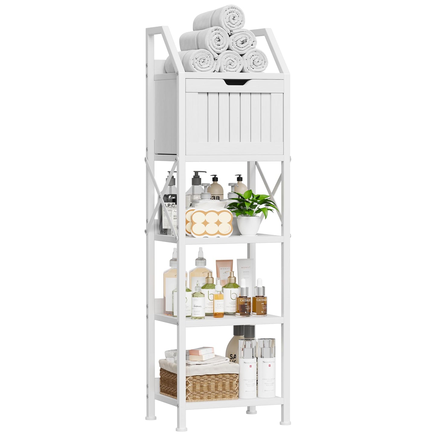 Homeiju Bathroom Floor Cabinet, 5-Tier Bathroom Storage Organizer Rack with Drawer, Multifunctional Corner Unit, 47.24 Inches in Height, White