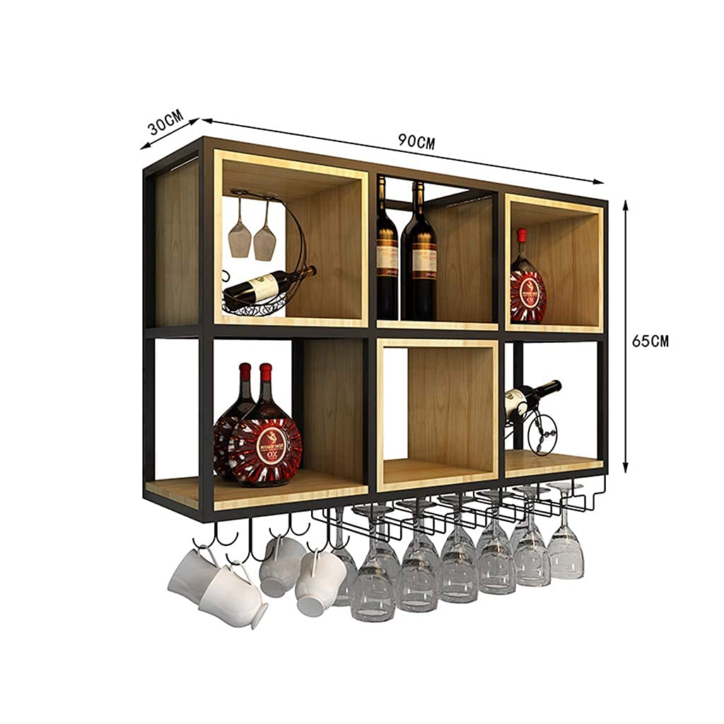 SBTXHJWCGLD Wall Mounted Wine Rack and Glass Holder, Iron Solid Wood Wine Storage Display Shelf, for Homes, Bars, Cafes, Hotels, Offices, and Various High-End Clubs (35.4X11.8X25.6 Inch)