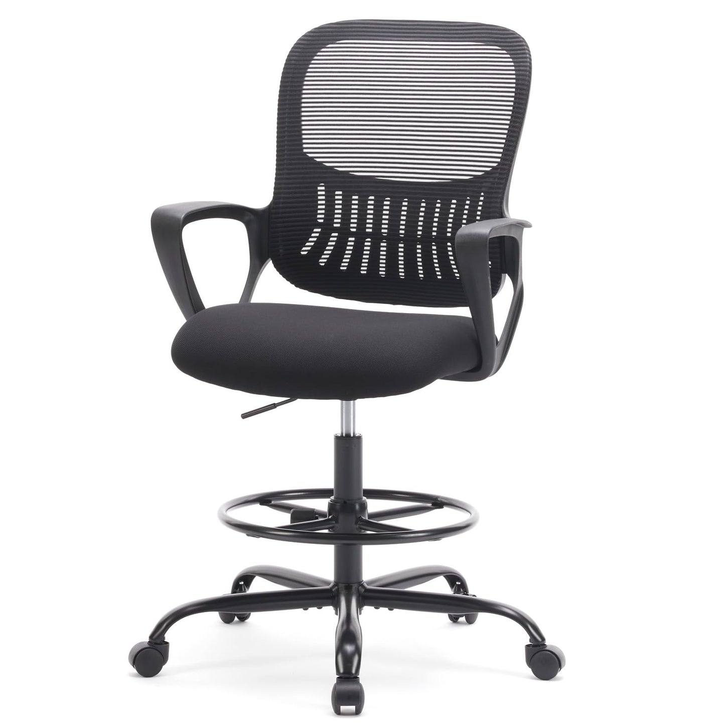 DUMOS Drafting Chair - Counter Height Adjustable Tall Office Desk Chair with Fixed Armrests and Comfortable Lumbar Support for Standing Desk, for Bedroom Livingroom, Black