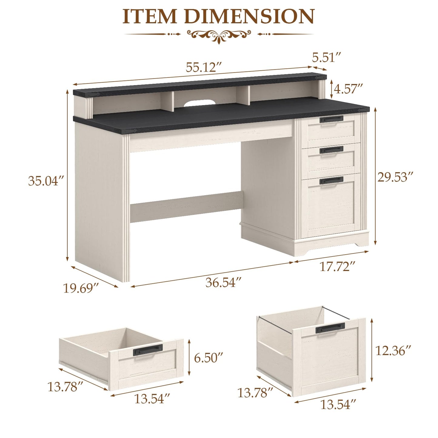Halitaa Farmhouse Executive Desk with 3 Drawers, Computer Desk with File Drawer for A4 Sized Hanging Files, Home Office Desk for Living Room Study, Rustic White and Black