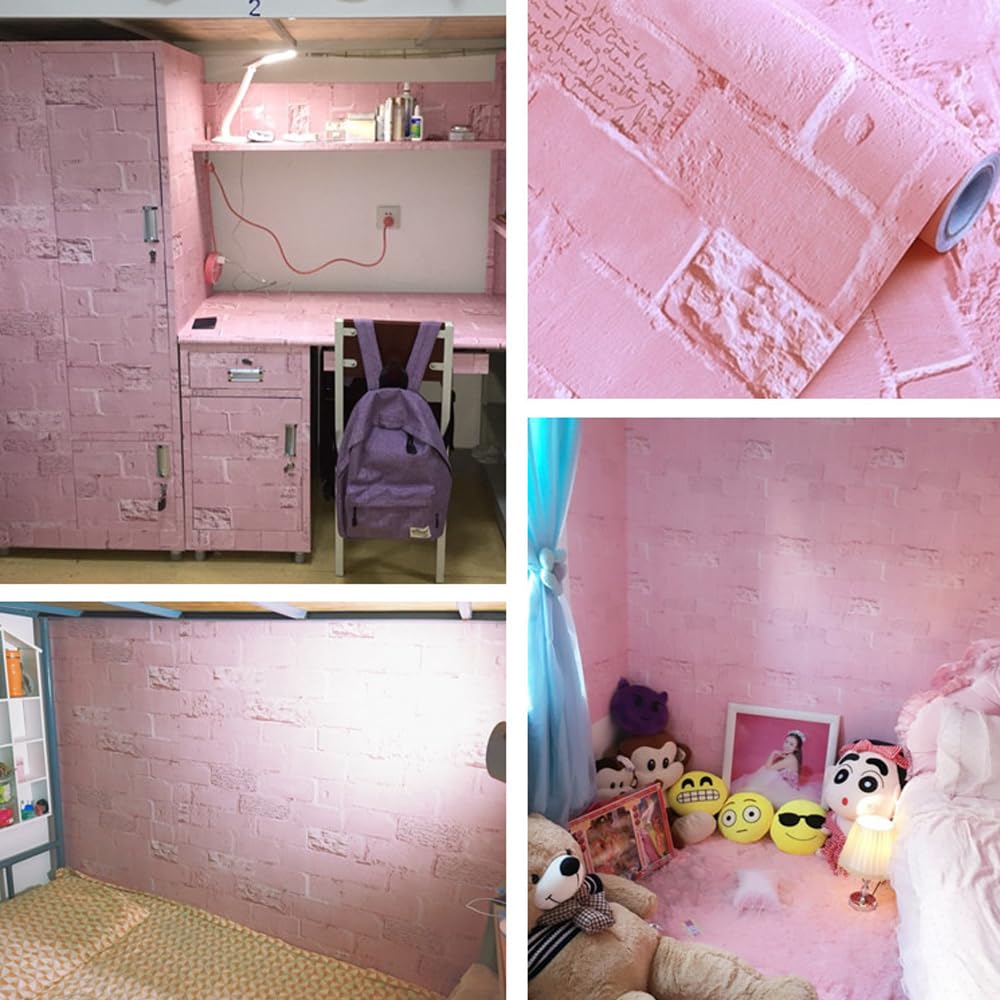 LovingWay 14.7 feet Wallpaper Roll English Quotes Drawer Liner 17.7x177 Inch Classroom Wall PVC Corner Shelving Paper Pink Bricks Christmas Decor