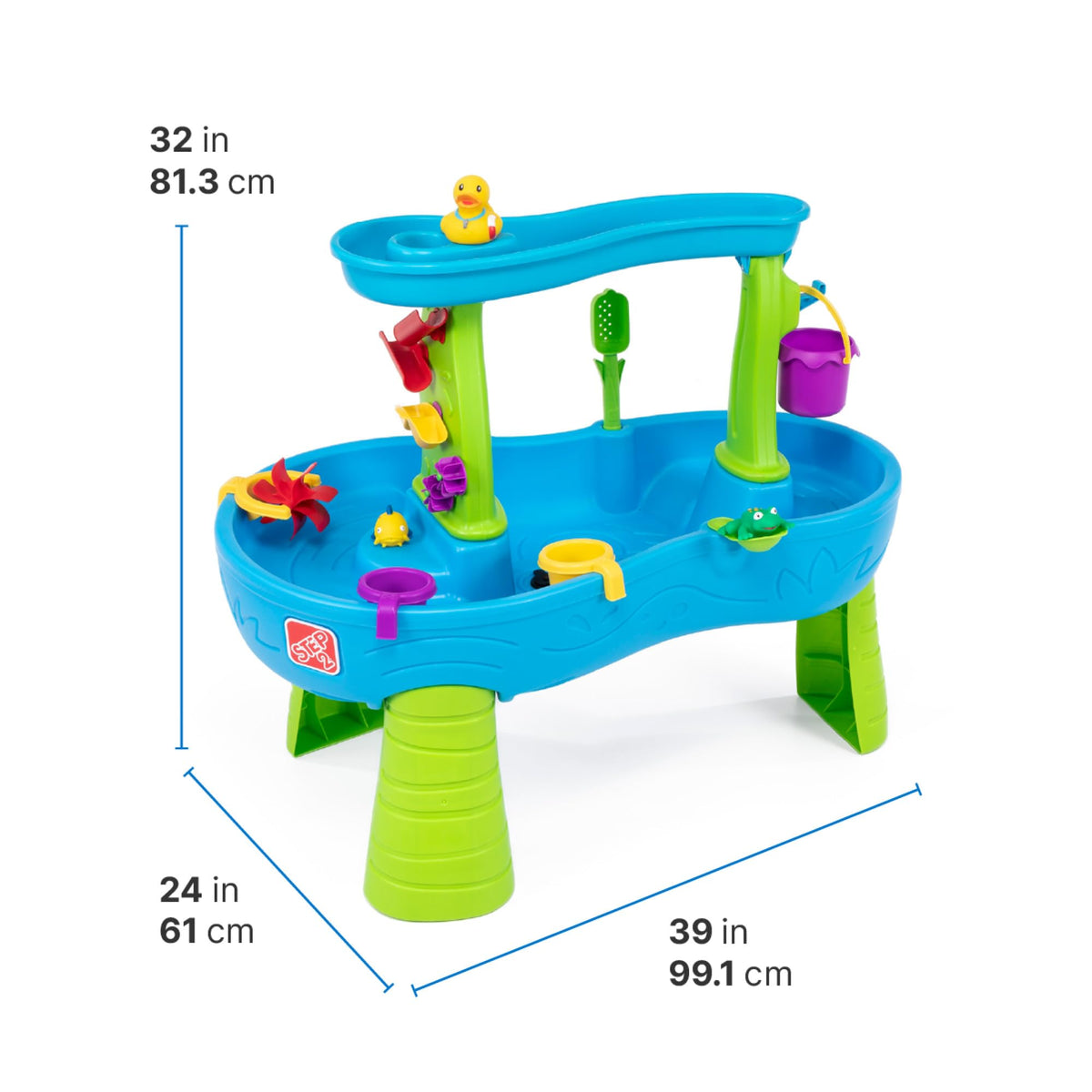Step2 Rain Showers Splash Pond Water Table, Kids Water and Sand Activity Sensory Playset, Summer Outdoor Toys, 13 Piece Water Toy Accessories, For Toddlers 1.5+ Years Old, Blue & Green