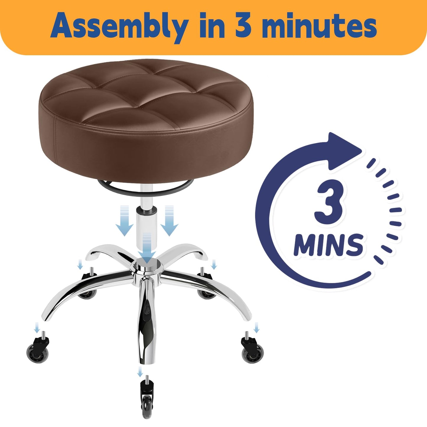 Rolling Stool Heavy Duty 400lb: Super Soft Seat Cushion,360° Swive,Height Adjustability,No Squeaky Noises,No Tip Over,New Upgraded Stool Salon stool Chair, Tattoo Facial Massage Spa Medical (Brown)