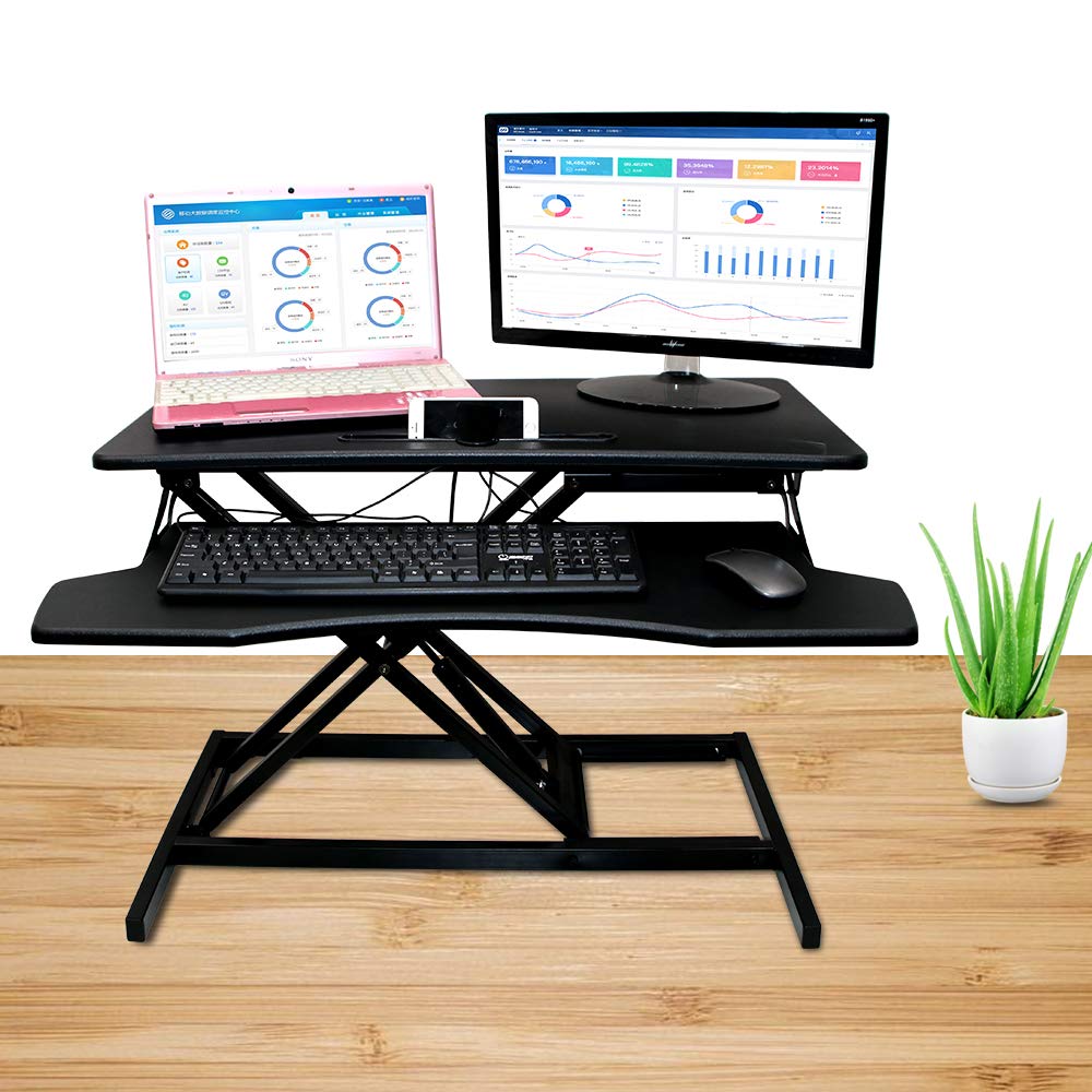 NEWPUTE Standing Desk Converter 32 Inch - Height Adjustable Desk Riser with Keyboard Tray, Wide Sit Stand Workstation for 2 Monitors for Office & Home, Black
