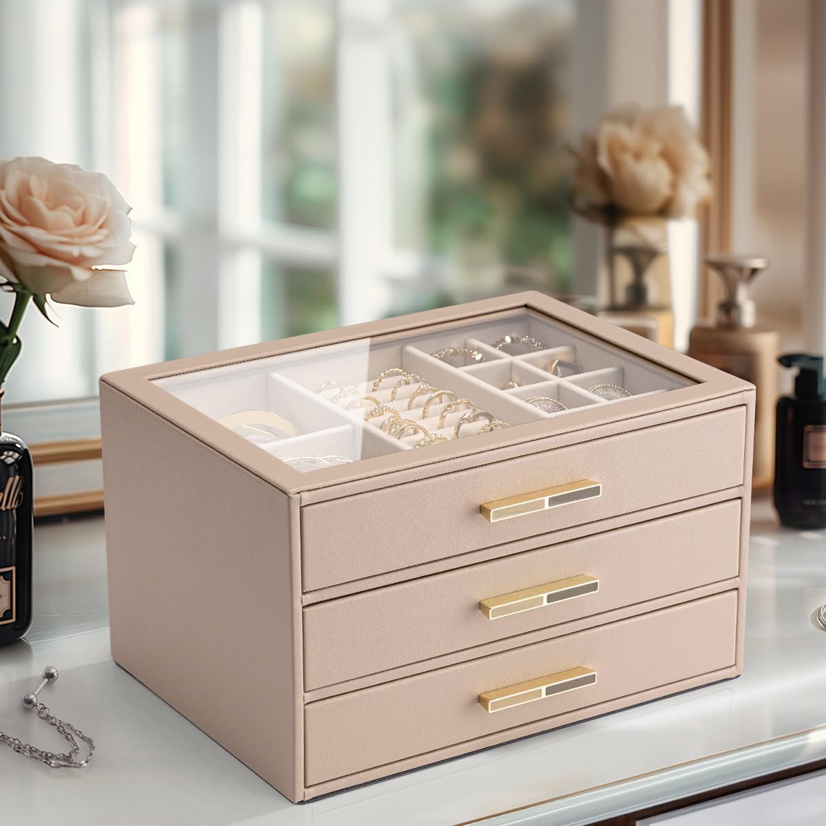 VLANDO Jewelry Box for Women, 3-Layer Jewelry Organizer with Drawers, Glass Lid Display Jewelry Storage, Soft PU Leather Exterior, Contrast Gold Metal Handles, Refined Style – Toffee
