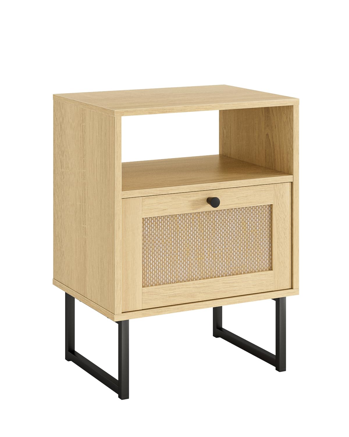 Apetaccat Rattan Nightstand, Boho Night Stand Farmhouse Wood Bedside Table with Storage and Open Shelf, End Side Accent Table for Bedroom,Living Room,Oak