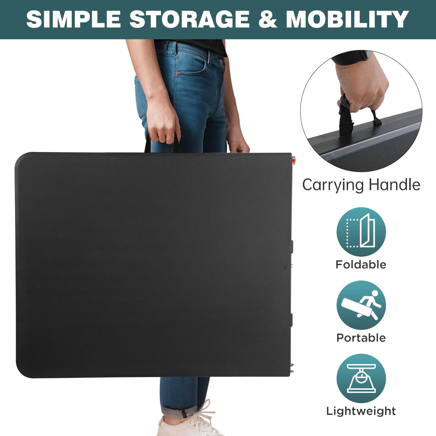 FDW 6 Foot Outdoor Dining Table, Foldable Portable Rectangular Plastic Folding Table with Built in Carrying Handle for Party and Wedding Use, Black