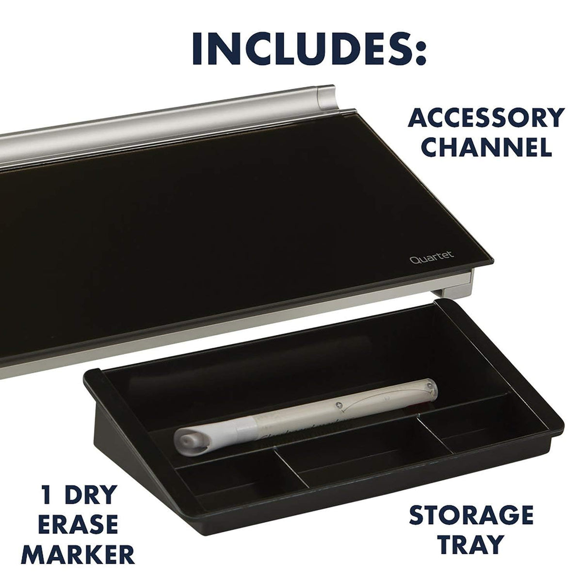 Quartet Glass Dry Erase White Board, Desktop Computer Pad for Notetaking, 18" x 6" Whiteboard, Clean Erase Surface with Storage, 1 Dry Erase Marker, Black Surface (GDP18B)