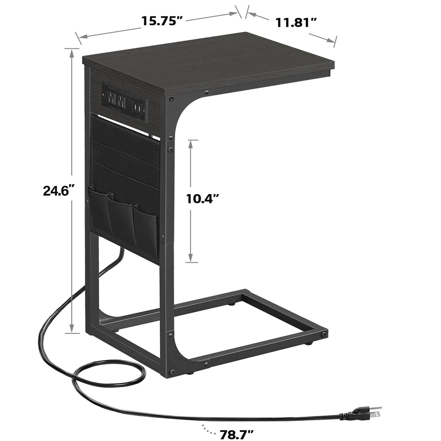 TUTOTAK C Shaped End Table with Charging Station, Side Table for Sofa and Couch with Storage, TV Tray Table with 2 USB Ports & Outlets - Black TB01BK024