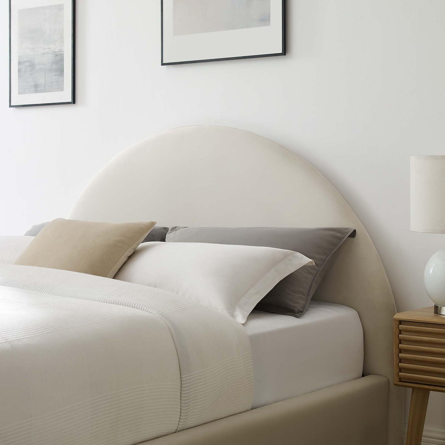 Modway Resort Full Size Platform Bed with Arch Shaped Round Headboard in Alabaster, Upholstered Velvet Bed Frameain-Resistant Performance Velvet, Soft Cloud Bed Frame, No Box Spring Needed