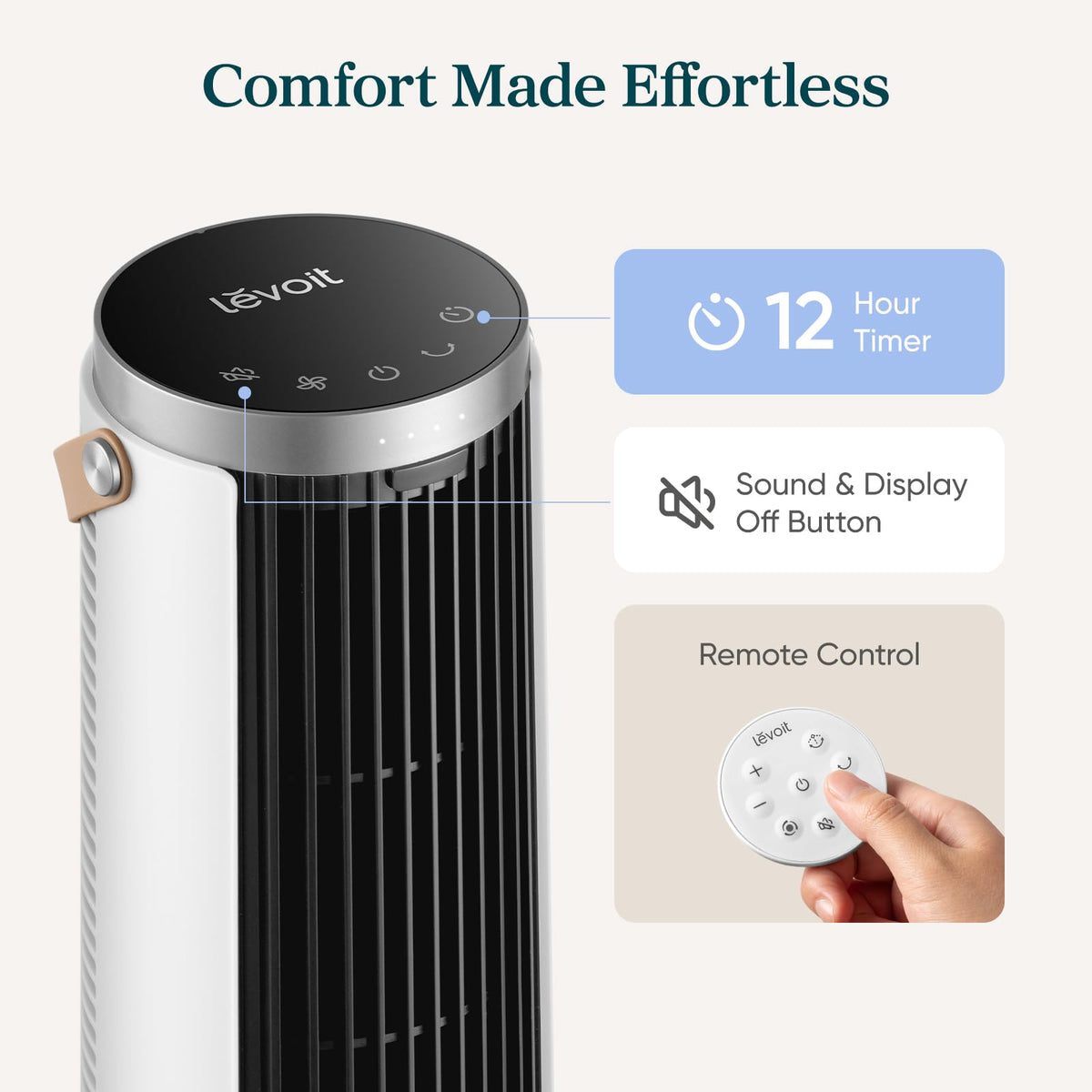 LEVOIT Tower Fan for Bedroom, 20dB Quiet Desk Fan with 23ft/s, Portable & Easy to Carry, 3-Angle & 4-Speed Mini Oscillating Fan, DC Motor, Bladeless, Remoter, 12H Timer, for Home, Room, Office, White