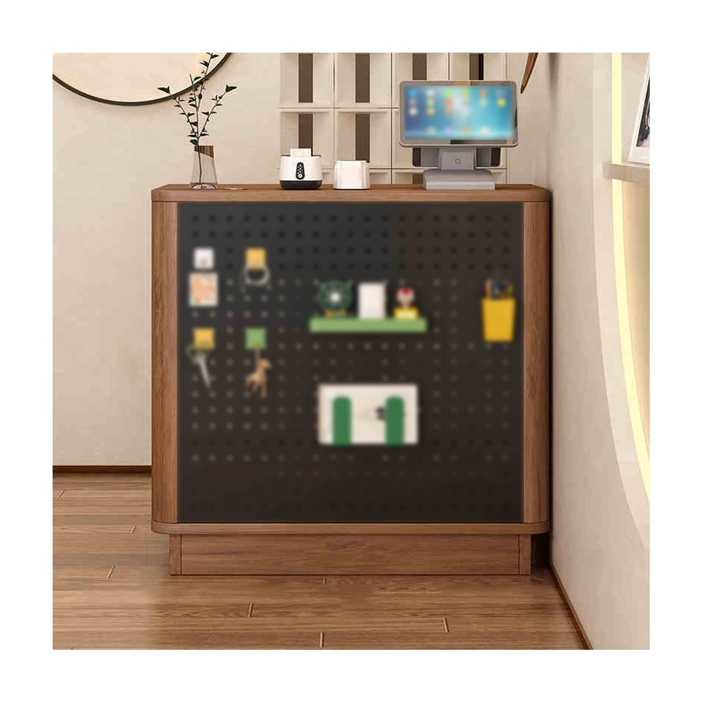 Modern Reception Desk with Lockable Drawers & Storage Cupboard, Walnut-Black Modern Reception Desk & Checkout Counter, Rectangular Table with Drawers for Cashiers in Retail Shops, Supermarke
