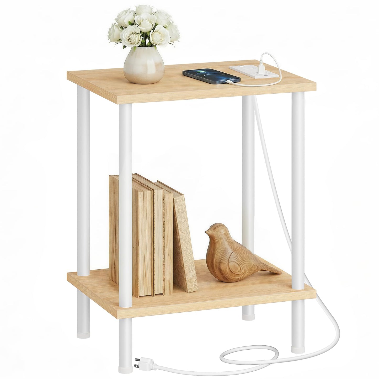 HOOBRO Side Table with Charging Station, End Table with USB Port and Outlet, Nightstand with 2-Layer Storage Shelves for Small Spaces, Living Room, Bedroom, Stable Frame, Natural and White WN09UBZ01