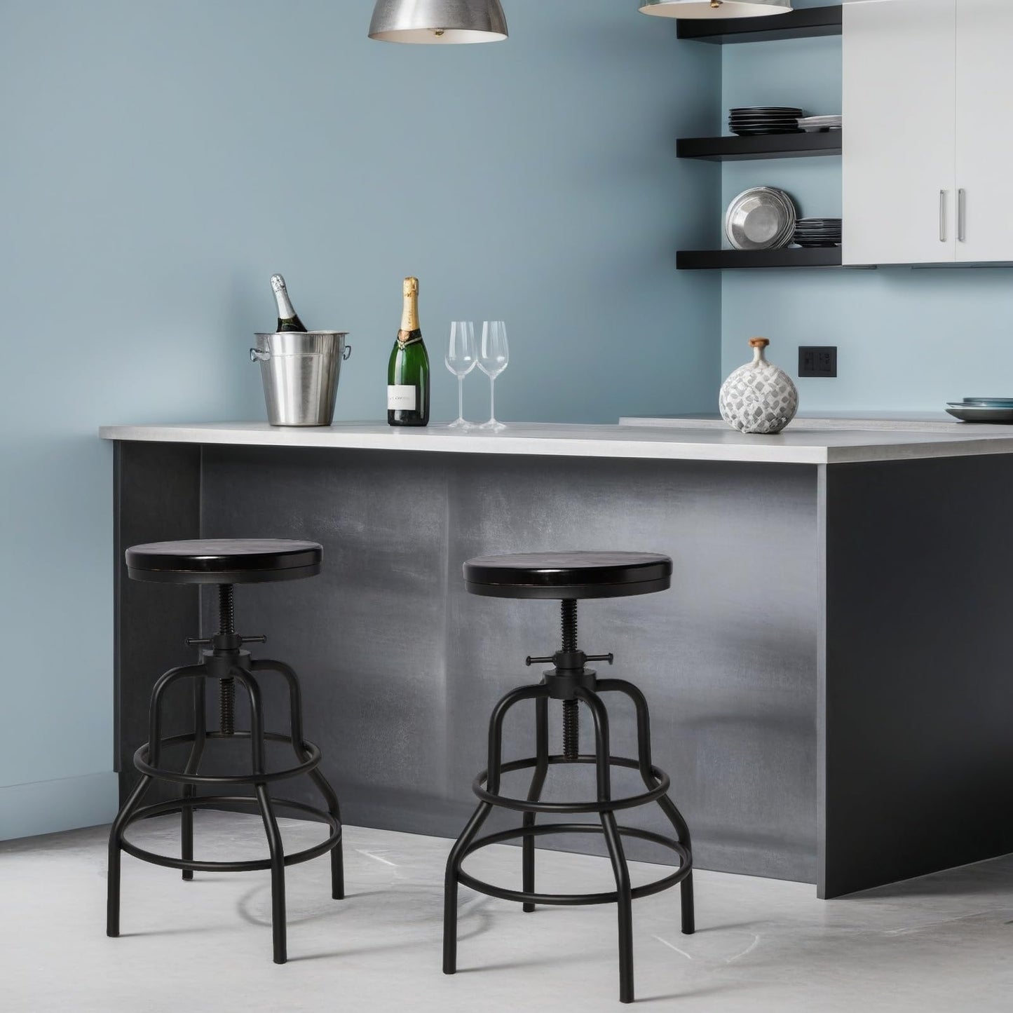 LOKKHAN Vintage Industrial Bar Stool-Rustic Swivel Bar Stool-Round Walnut Wood Metal Stool-Counter/Bar Height Adjustable Pipe Stool-Cast Steel Stool 23.62"-29.52" (Set of 2)