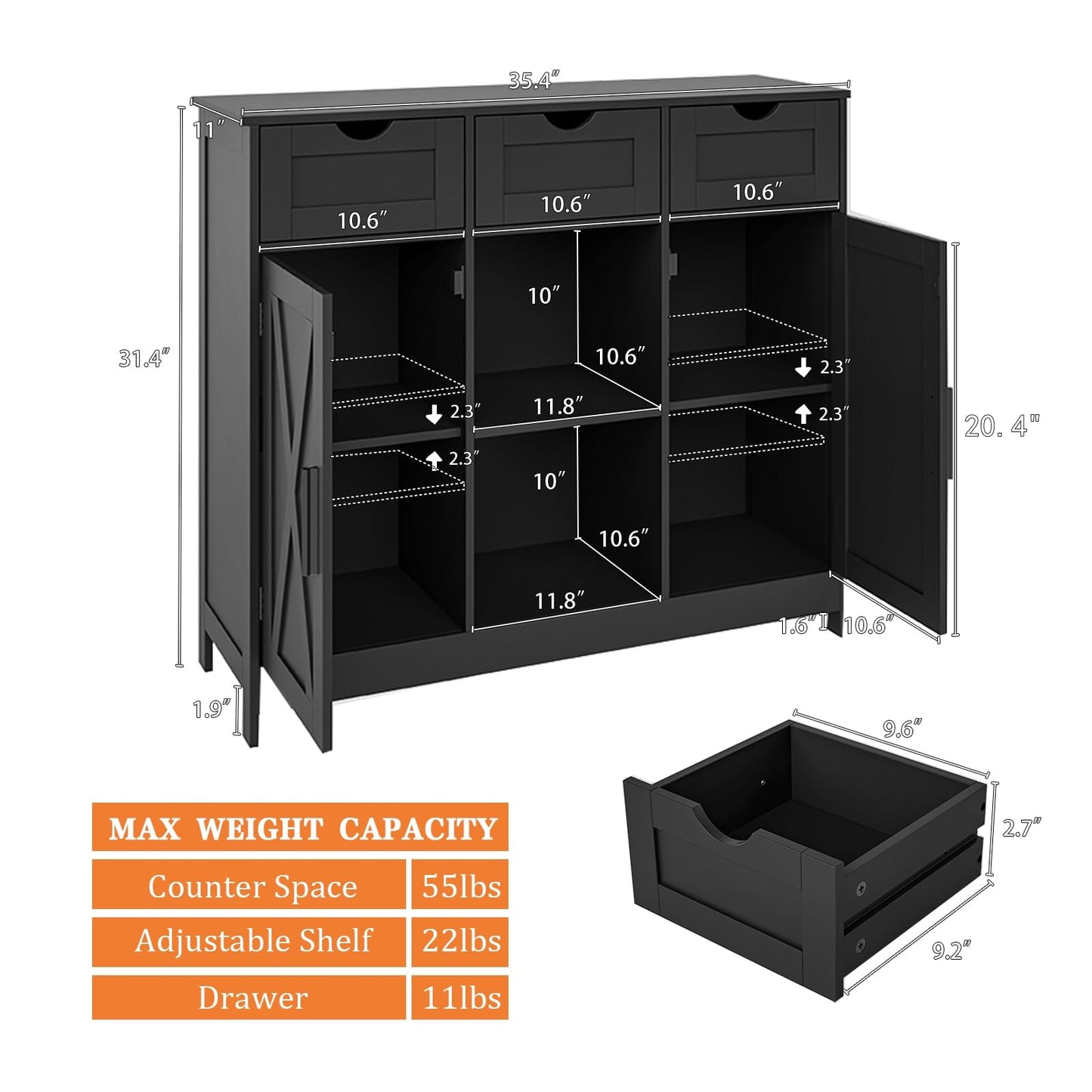 Viaozutis Storage Cabinet, Coffee Bar Cabinet with 2 Adjustable Shelves, 3 Drawers, and 2 Doors, for Bathroom, Kitchen, Living Room (Black)