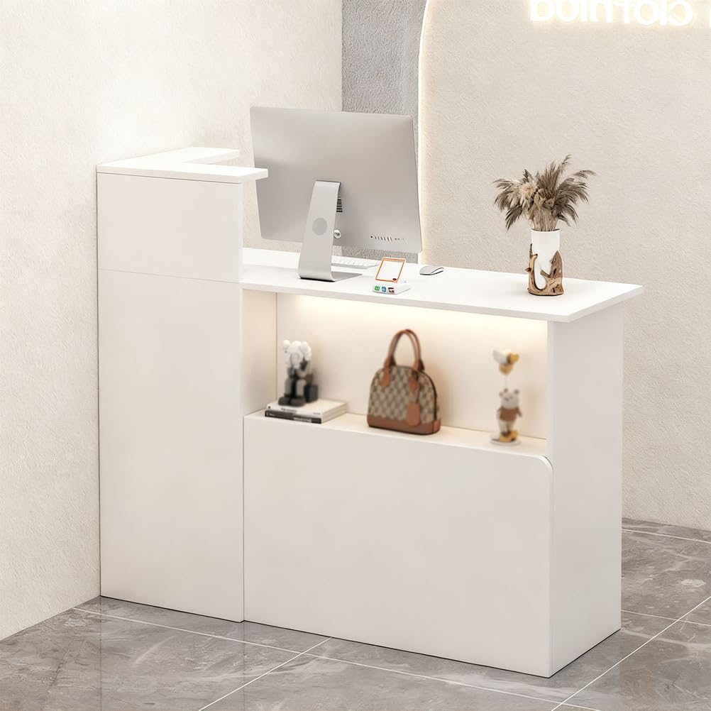 Modern Reception Desk with Lockable Drawers & Storage Cupboard, Modern Reception Desk with Shelves, Wooden Office Counter for Beauty Salon & Lobby, Stylish Front Desk with Ample Space,(Left