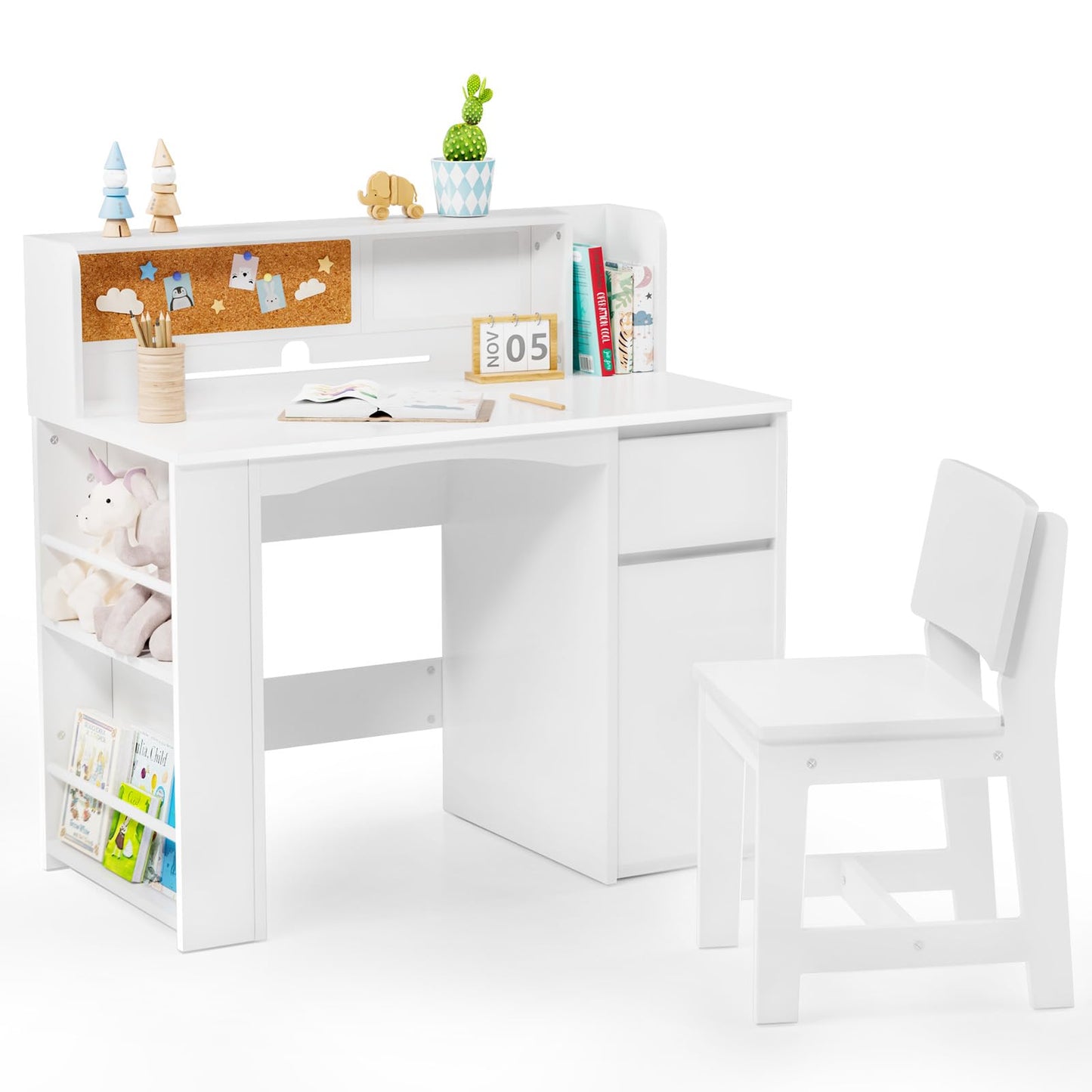 JOYMOR Kids Desk and Chair Set with Bookshelf, Kids Study Desk with Chair with Storage Cabinet, Student Writing Table for Study & Crafts, Student Computer Workstation for 5-12 Years Old, White