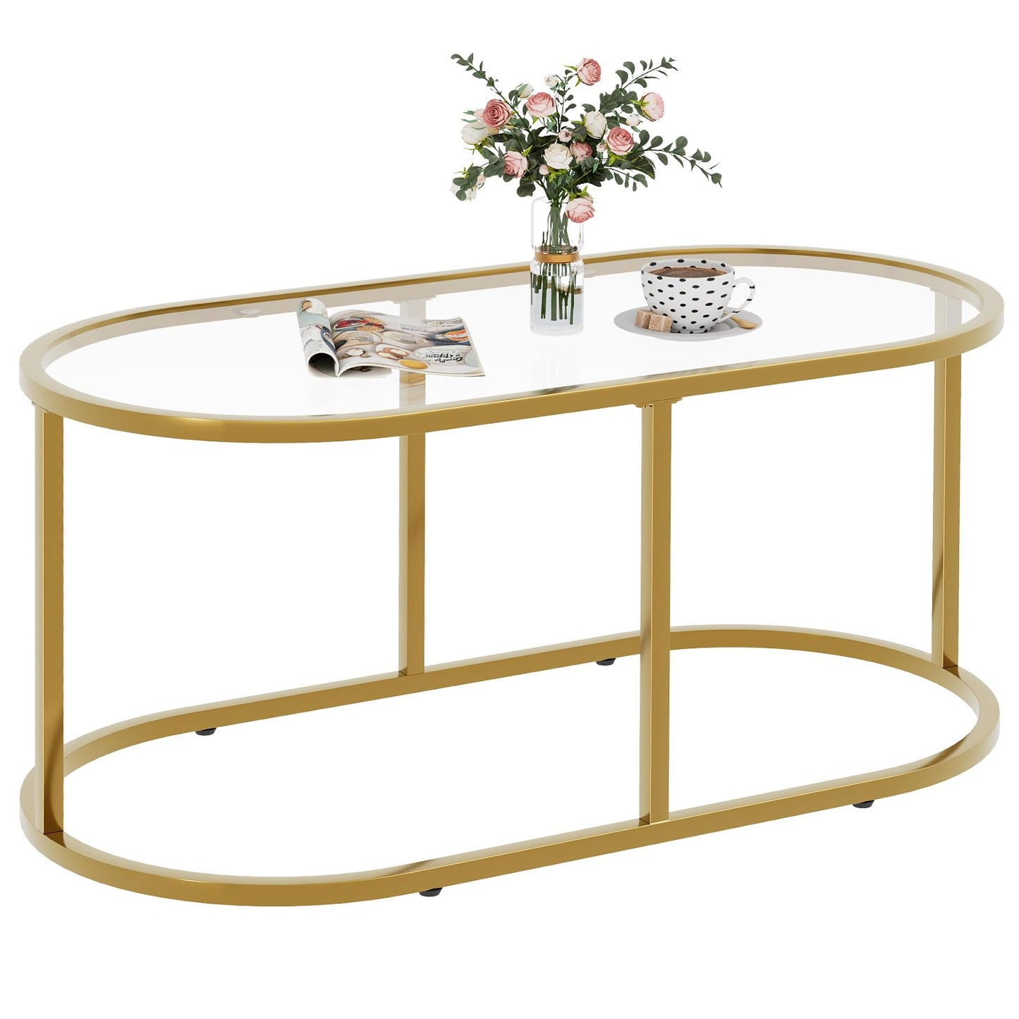 Coffee Table Gold Glass Coffee Tables for Living Room, Oval Table Center Table with Sturdy Metal Frame,Modern Tempered Glass Accent Tables for Bedroom Home Office
