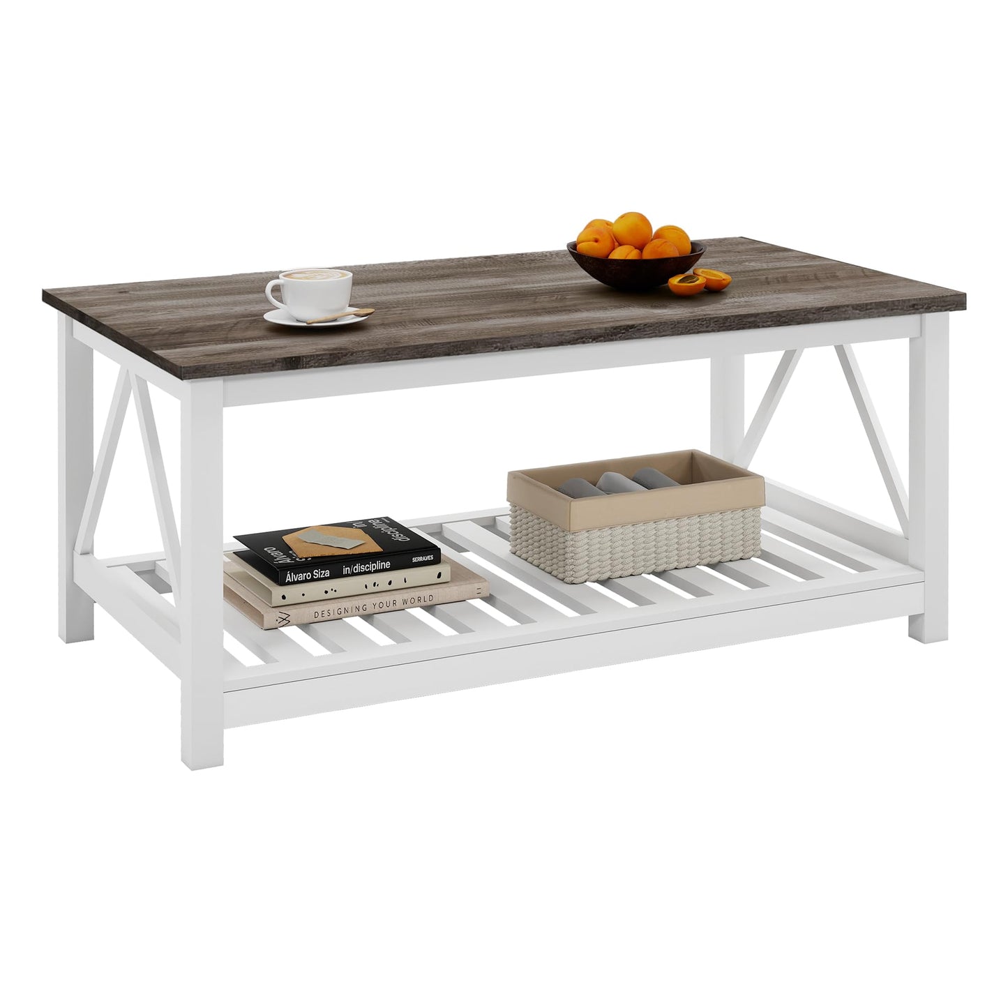 UYIHOME Farmhouse Coffee Table, White Oak Coffee Table for Living Room, 2-Tier Rectangular Wooden Centre Cocktail Table with Slats Shelf Storage and V-Shaped Frame Modern Coffee Oak Grey