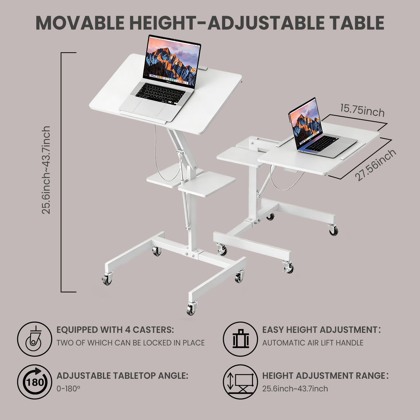 FULOOPHI Mobile Standing Desk with Wheels, Height Adjustable Laptop Table, 27.56 Inch Portable Ergonomic Workstation with Locking Casters & Tilting Top, White