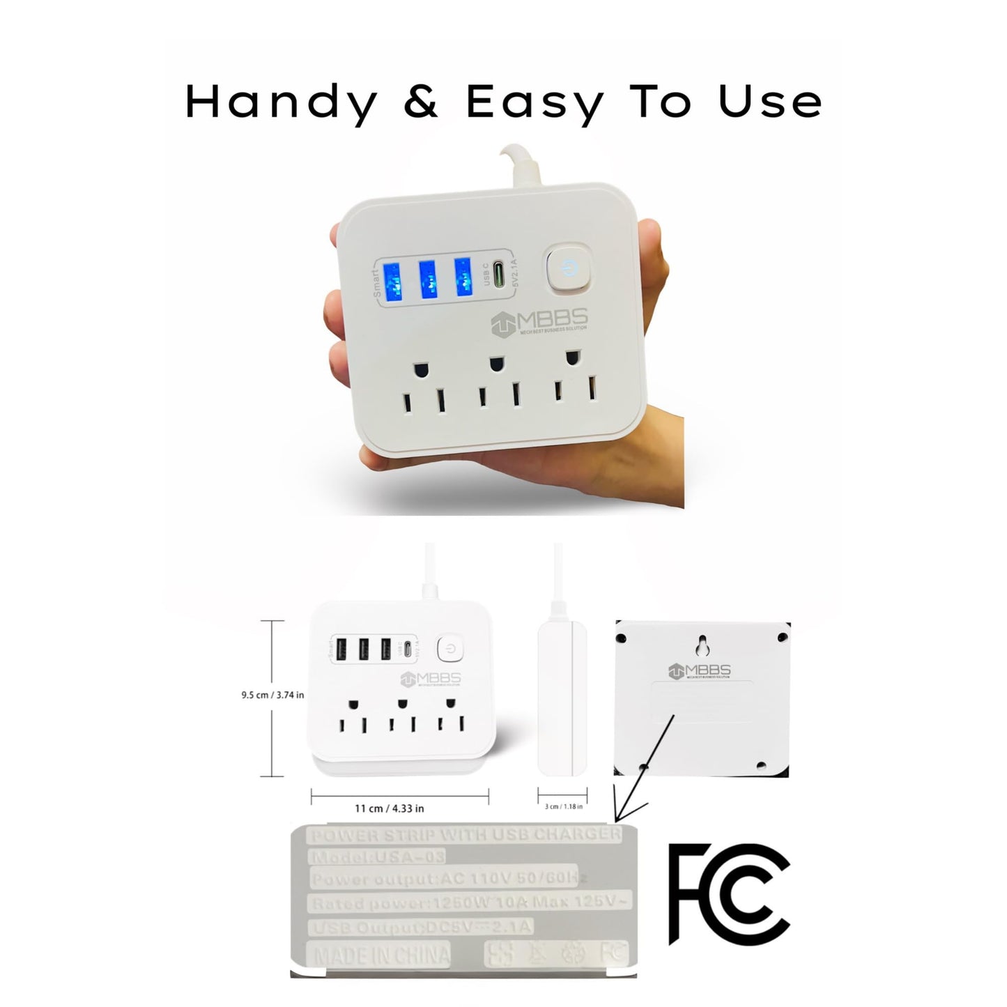 Surge Protector Power Strip with USB C, Heavy Duty Extension Cord – (7-in-1) 3 AC Outlets, 4 USB Ports, LED On/Off Switch – Compact & Travel Friendly – Home, Office. (5ft)