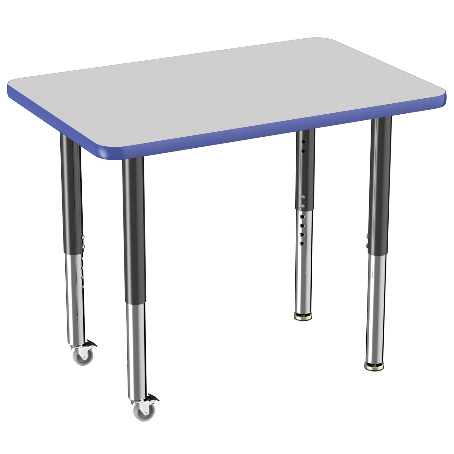 Factory Direct Partners FDP Mobile Rectangle Activity School and Office Table (24 x 36 inch), Super Legs with Glides and Casters, Adjustable Height 19-30 inches - Gray Top and Blue Edge