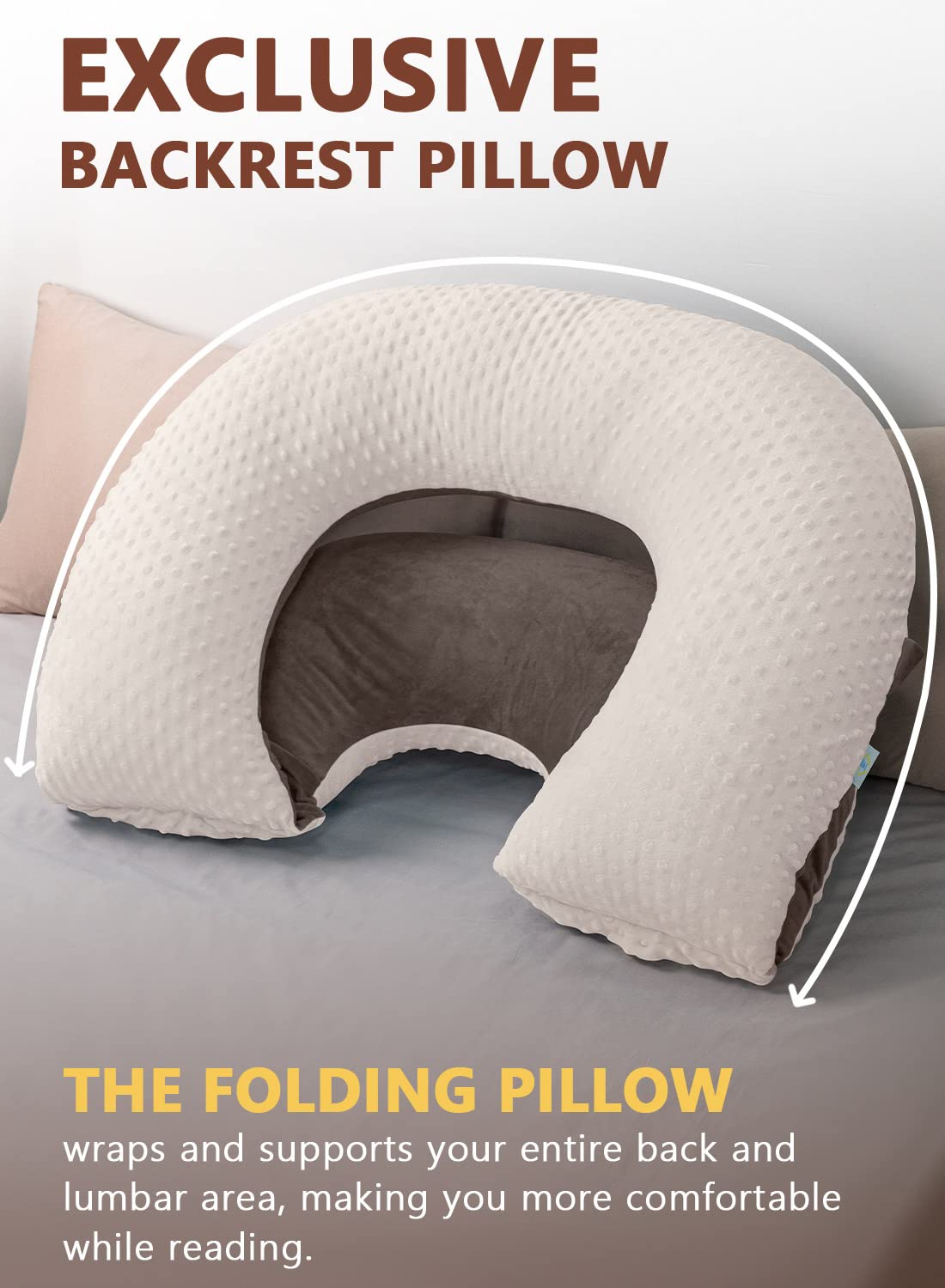 INSEN Reading Pillow, Back Pillow for Sitting in Bed for Reading, Nurse & Relax, Reading Pillow for Adults, Moms & Kids, Sit Up Pillow for Bed, Double-Sided Brown