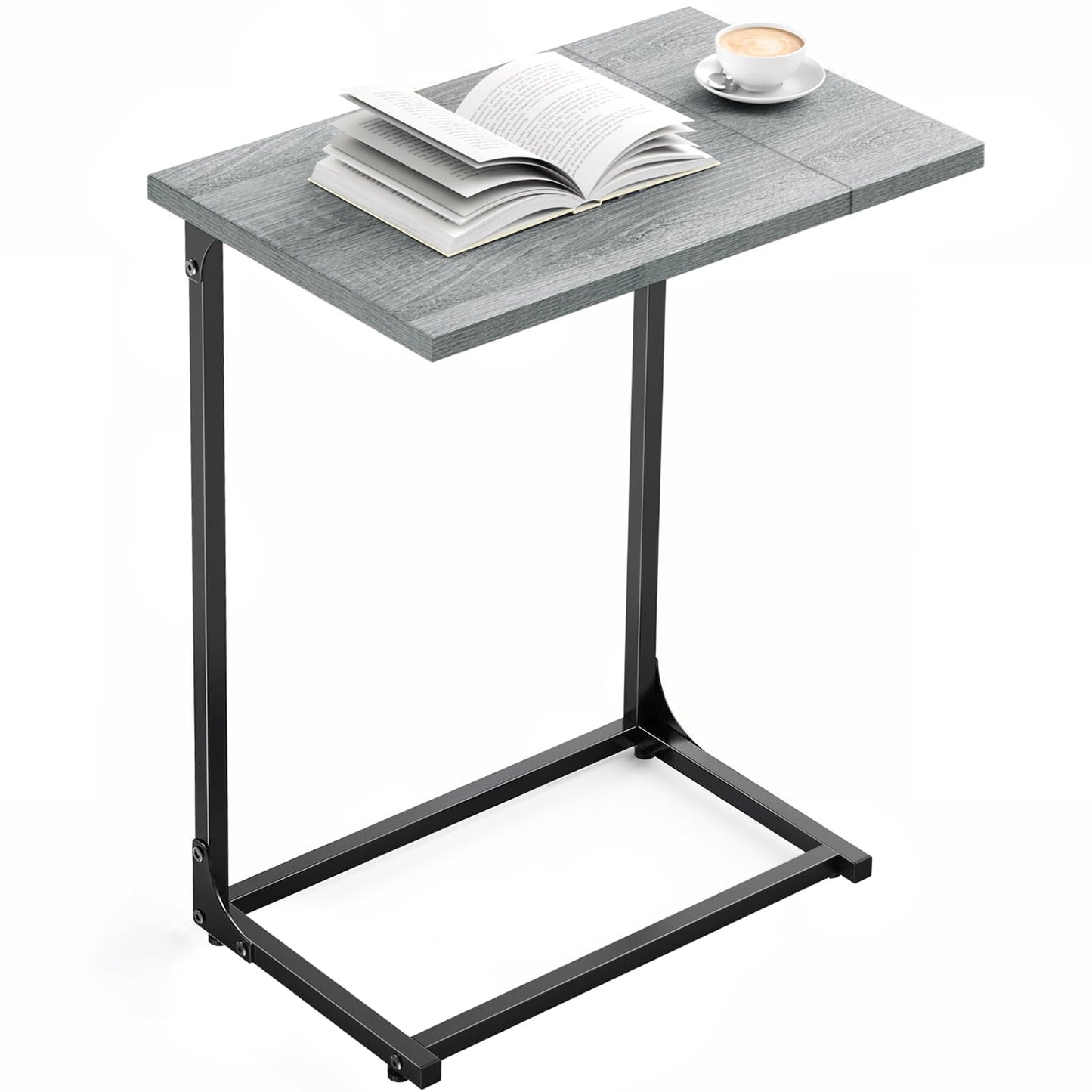 Pipishell C-Shaped Side Table, C Table for Sofa with Two-Piece Desktop & Metal Frame, Large Surface End Table for Living Room, Bedroom, Bedside, Rustic Design, Grey