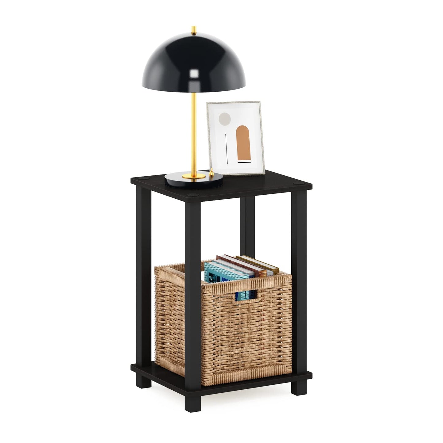 Furinno Simplistic Night Stand, 2-Tier Compact Nightstand with Open Shelf, Toolless Small Bedside Table, End Table, Side Table, for Bedroom, Closet, Dorm, Black Espresso