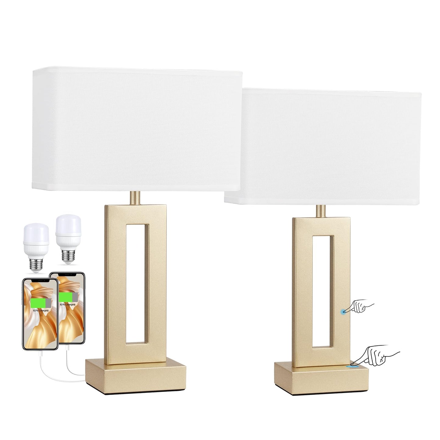 Seealle Bedroom Table Lamps Set of 2 - Touch Bedside Lamps with USB C+A, 3 Way Dimmable Gold Lamp for Nightstand, Modern Night Stands Lamps for Living Room End Tables Desk Bed Side Study Room(16.4n)