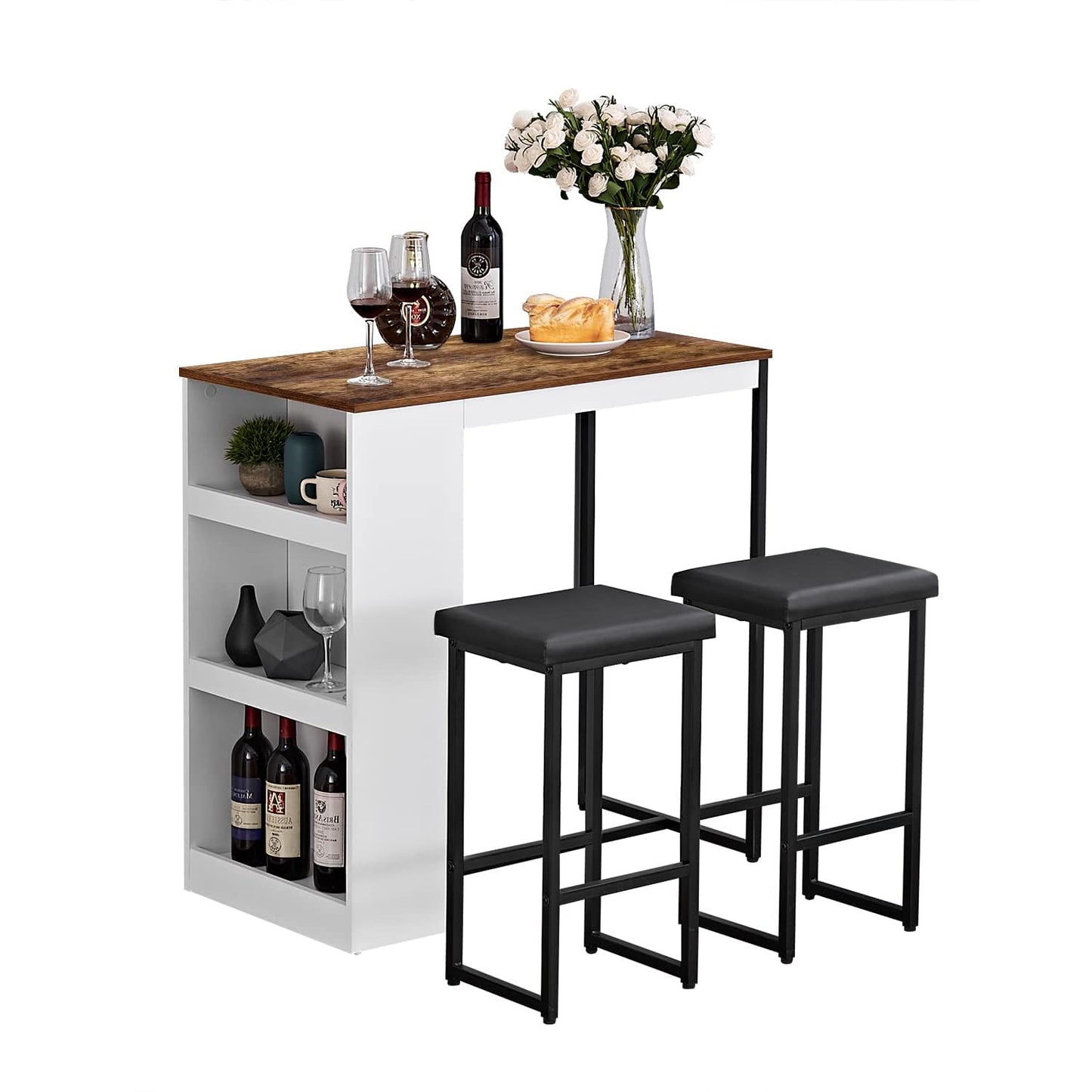 Panana 3 Piece Dining Table Set Kitchen Bar Table with Two Stool Storage Shelves Wood Counter Height Table Top with Sew Kerf Finish Dining Room Home