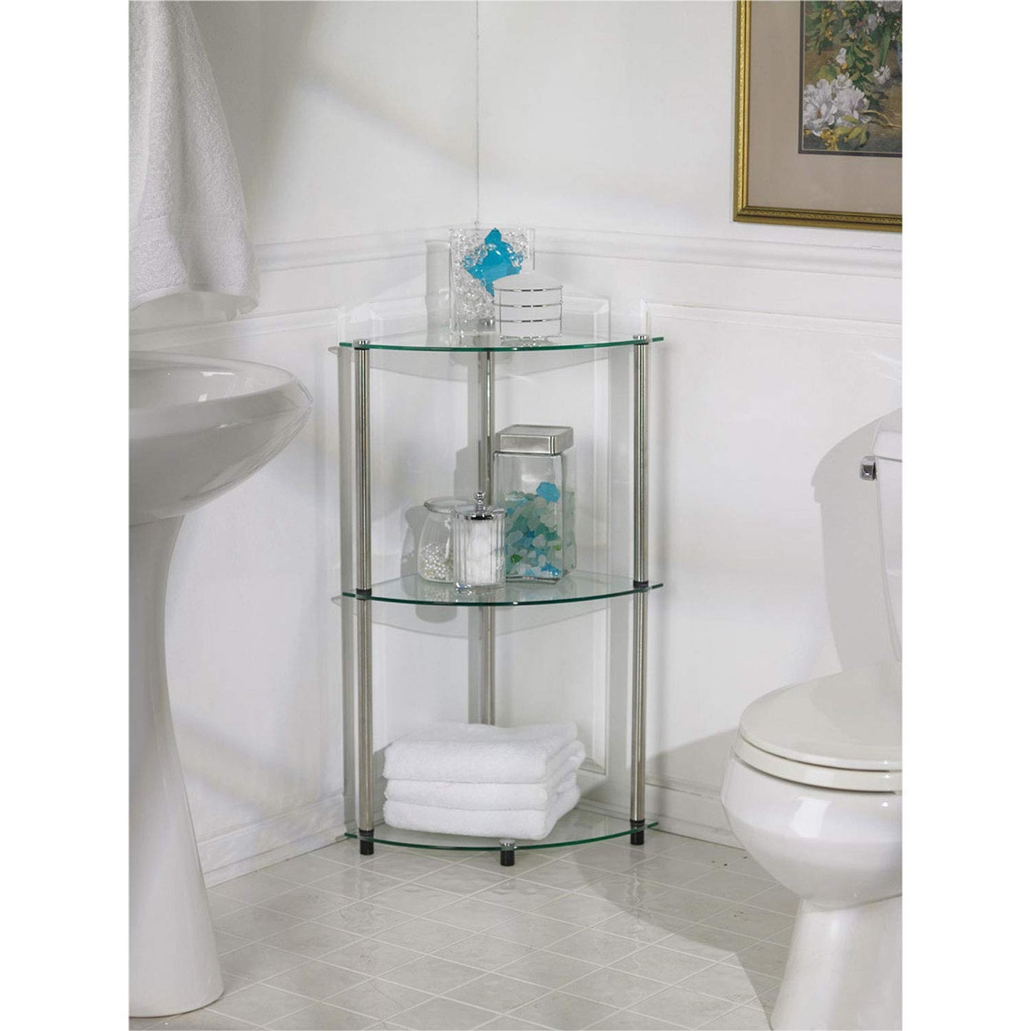 Convenience Concepts Designs2Go Classic Glass 3-Tier Corner Shelf 13.75" - Modern Media Bookshelf with Storage Shelves for Living Room, Display Storage Shelves for Family Room, Bathroom, Office, Glass/Chrome