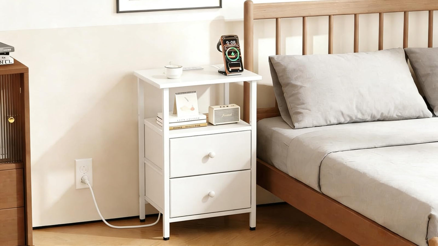 Smoproper Nightstand with Charging Station, Bedside End Table with 2 Fabric Drawers for Bedroom, Side Table with USB Ports and Outlets (White)