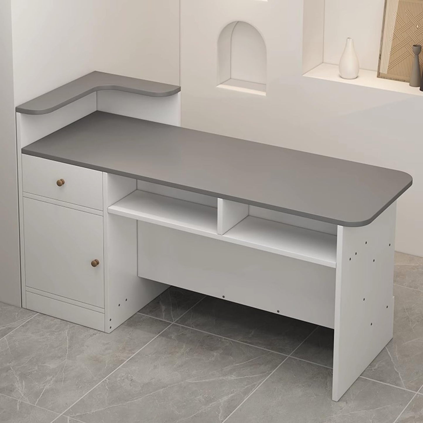 Reception Desk Counter Table, Modern Retail Checkout Counter with Drawers, L-Shaped Cashier Cabinet Wooden Front Desk for Convenience Store Hotel Beauty Salon