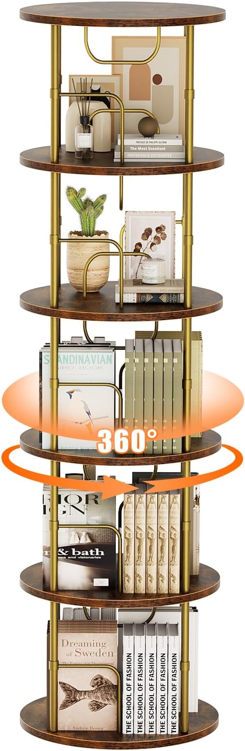 ALLSTAND 5 Tier Rotating Bookshelf, 360 ° Display Stackable Spinning Bookshelf