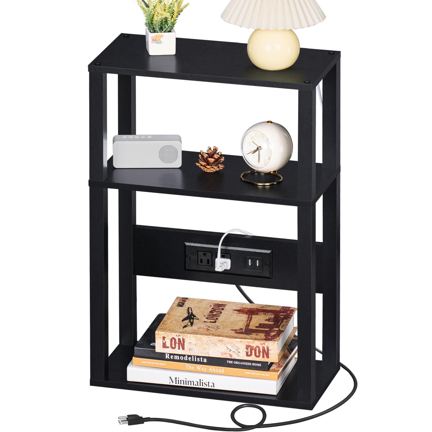 YUFAM 3-Tier Small Narrow Wood Side Table with Charging Station, Skinny Nightstand for Small Space, Slim Bedside Table with Storage for Couch, Thin End Table with USB Ports and Outlets, Black