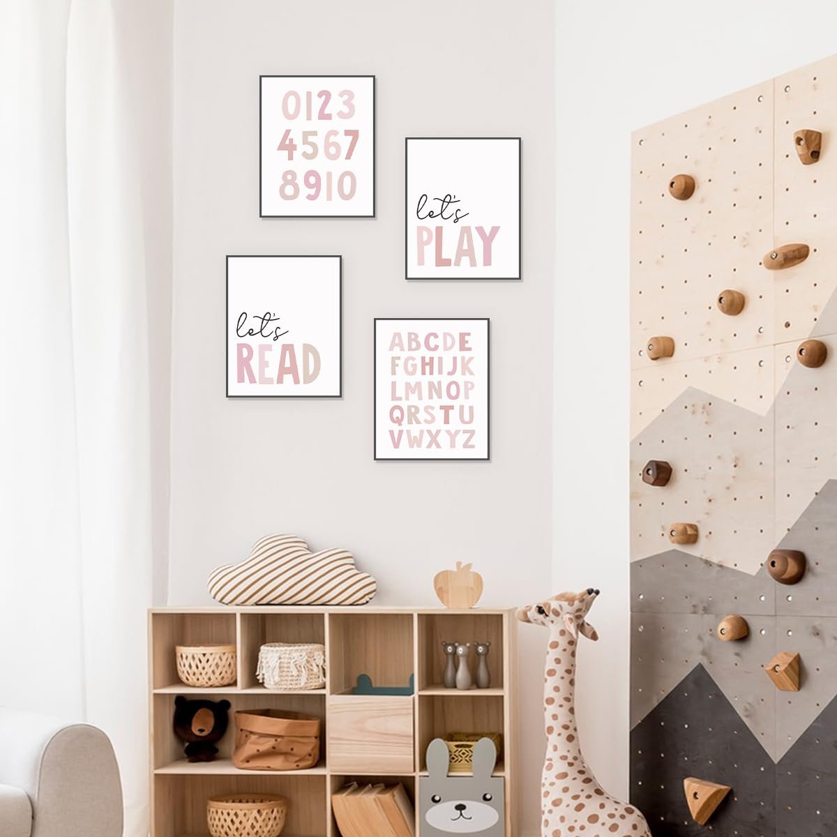 PLKMN Let's Play Read Wall Art Set of 4, Educational Posters, Montessori Classroom Decor, Neutral Kids Decor,Alphabets Number Prints for Nursery Classroom,8x10 Unframed - Pink