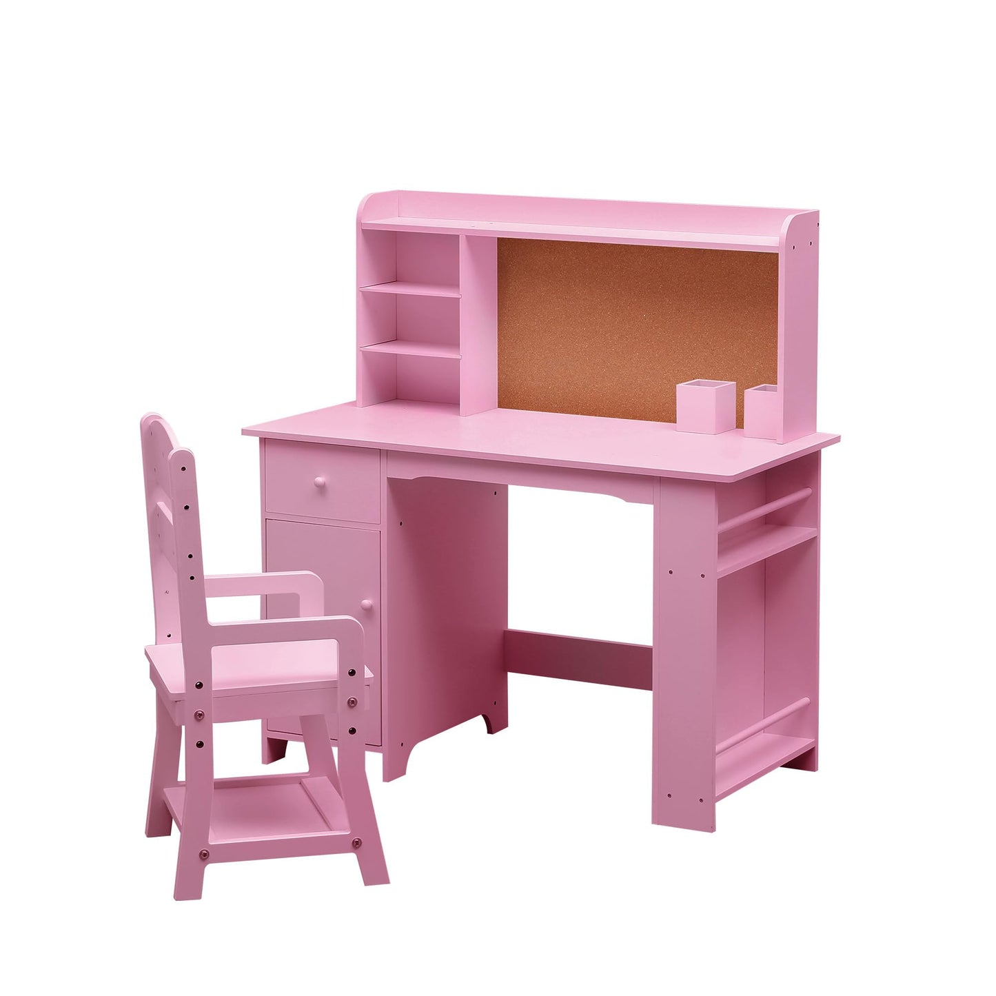 Kids Desk and Chair Set, Study Desk and Chair Set,Wooden Study Desk with Bookshelf, Bulletin Board, Cabinet & Drawer,Pink Childrenās Writing Table