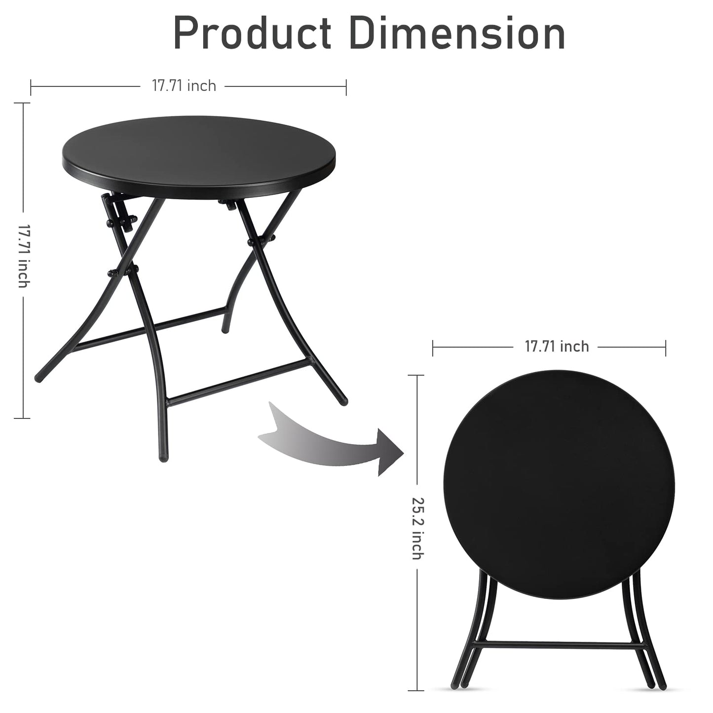 Outdoor Side Table, Folding Round Metal End Table, Weather Resistant Small Patio Accent Table for Porch Yard Balcony Deck (All Black)