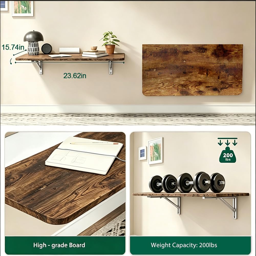 CYGJSYEA Rustic Wall Mounted Folding Table, Solid Wood Floating Desk with Stainless Steel Brackets, Space Saving Shelf for Home Office, Kitchen, Dining, Laundry Room (60X40cm / 23.63"X15.75")