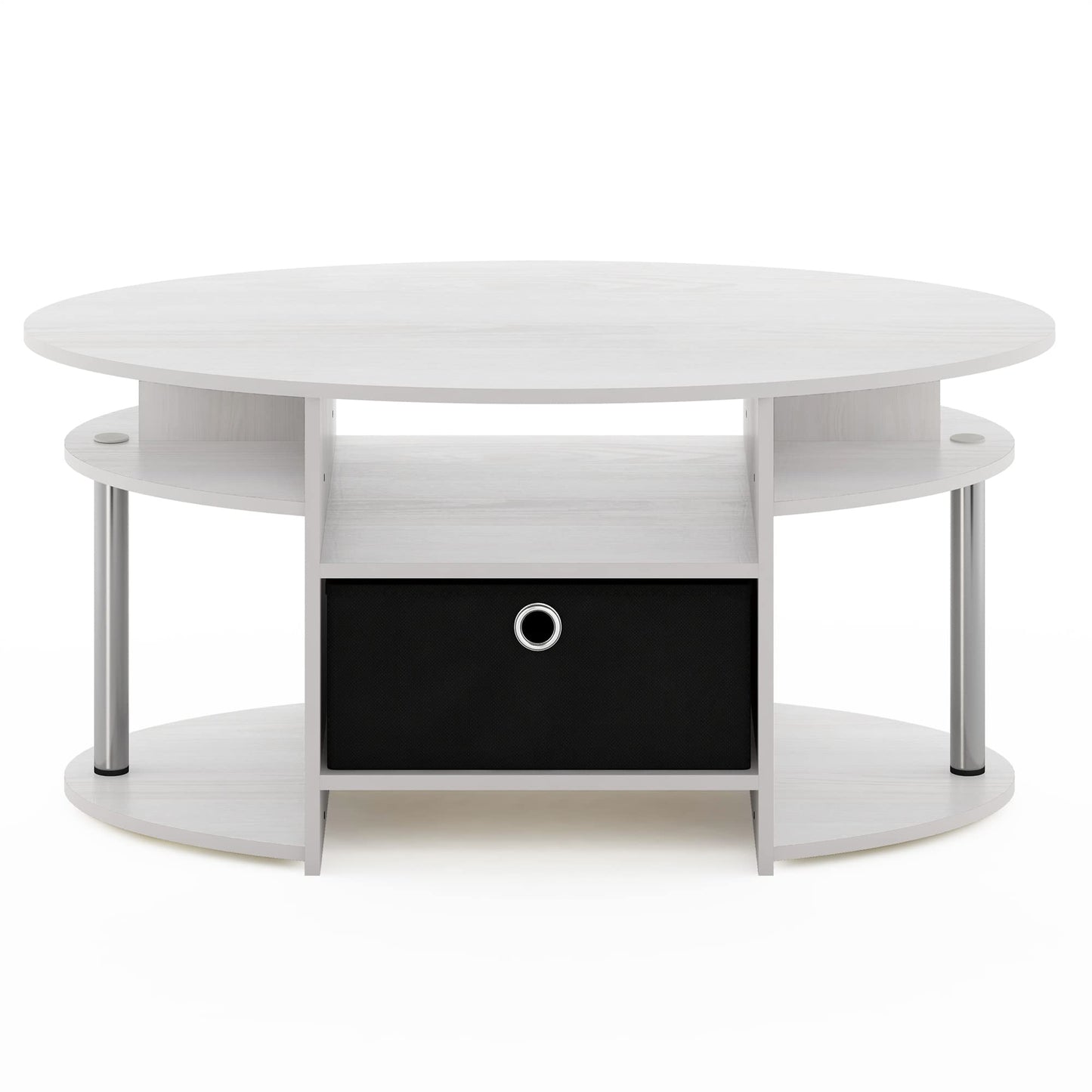 Furinno Jaya Oval Modern White Coffee Table with Side Shelves and Storage Bin, Side Table with Shelf, for Living Room, Bedroom, Home Office, White Wood/Stainless Steel