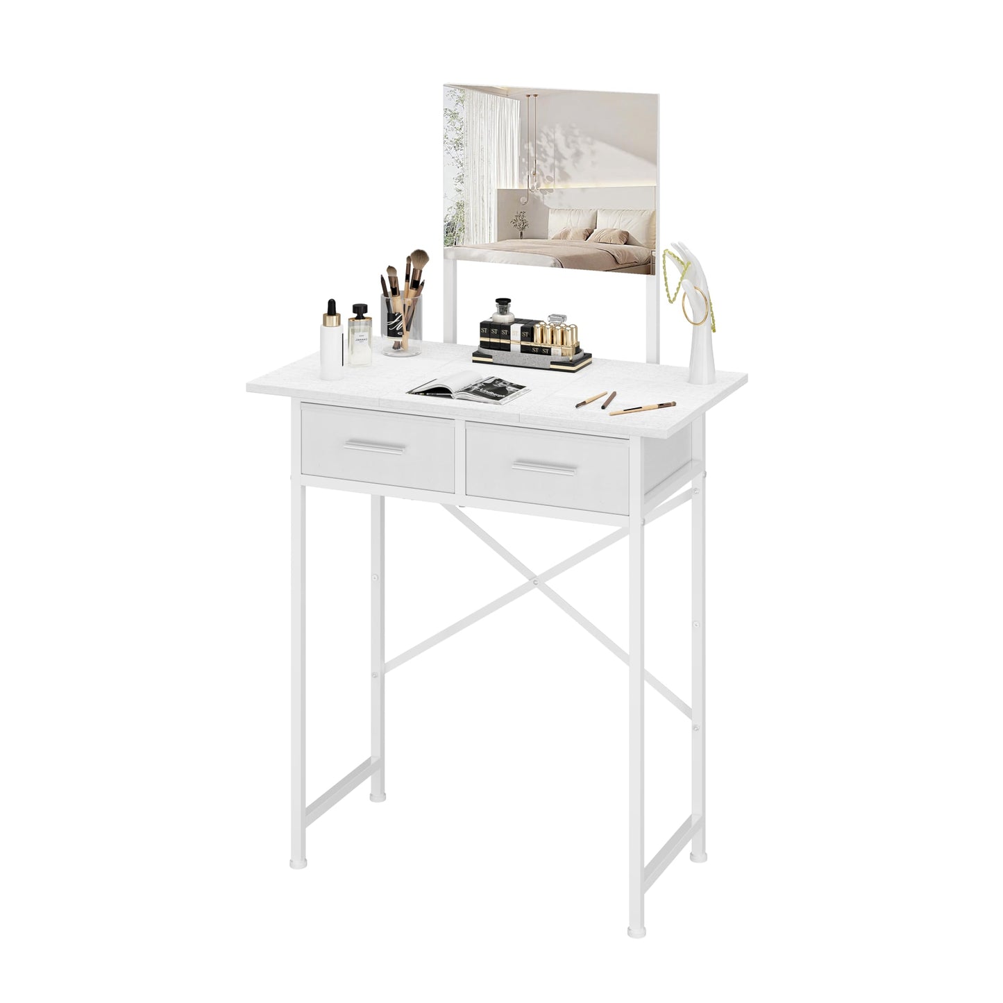 Jakyitvi Small Vanity Desk with Mirror and Drawers, White Makeup Vanity Table with Storage, Compact Vanity for Bedroom, Modern Makeup Desk for Girls, Space-Saving Vanity Table