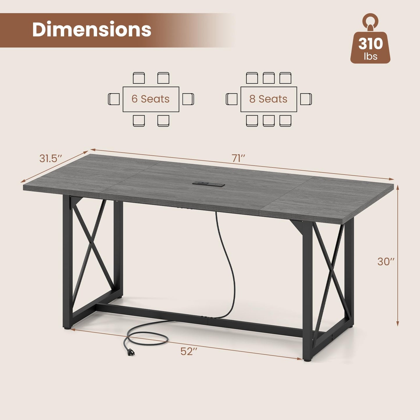 Giantex 6FT Conference Table with Power Outlets, Large Rectangle Meeting Table for 6-8 People, Modern Seminar Boardroom Table w/Stable Metal Frame, Computer Desk for Office Conference (Grey Oak,1)