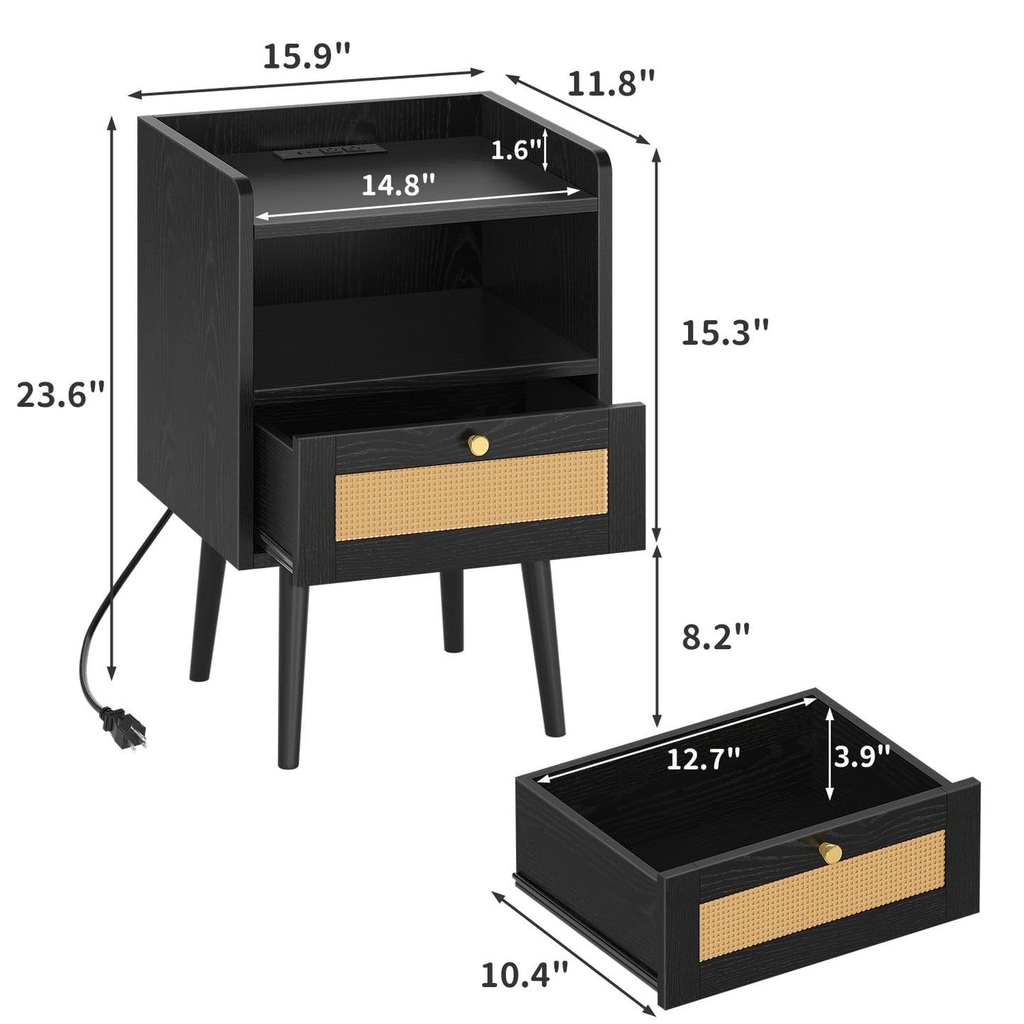 MECHYIN Night Stand Set 2, Nightstands Set of 2 with Charging Station, Rattan Side Tables with Solid Wood Legs, Boho Bedside End Table for Apartment Bedroom Dorm Small Space