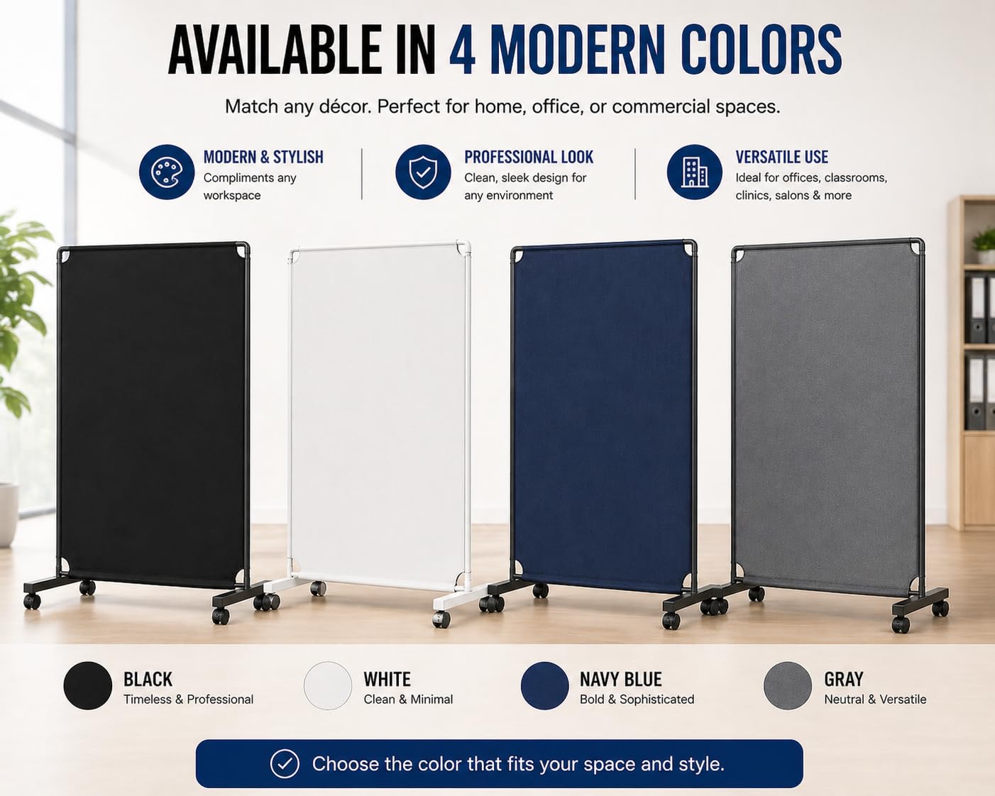 Rolling Room Divider with Wheels, Portable Privacy Screen Partition Wall, Freestanding Office Divider Panel, Non-See-Through Fabric, Locking Casters for Office Home Classroom Clinic, 50" W x 71" H